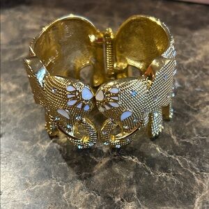 Lilly Pulitzer Gold Tone white enamel, rhinestone Elephant hinge Cuff Bracelet